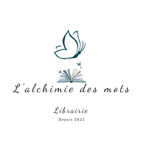 Logo et nom de l'enseigne "L'alchimie des mots avec un paillon bleu